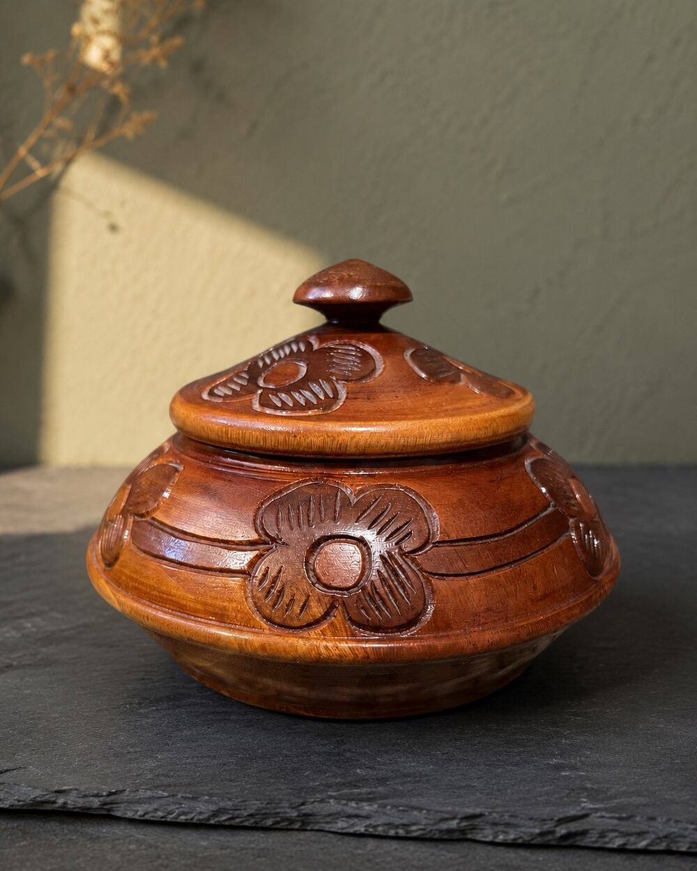 Vintage Carved Wood Floral Lidded Trinket Box Boho Decor
